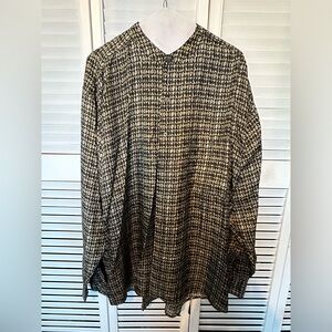 Multicolored long sleeve silk button up shirt, size XL.